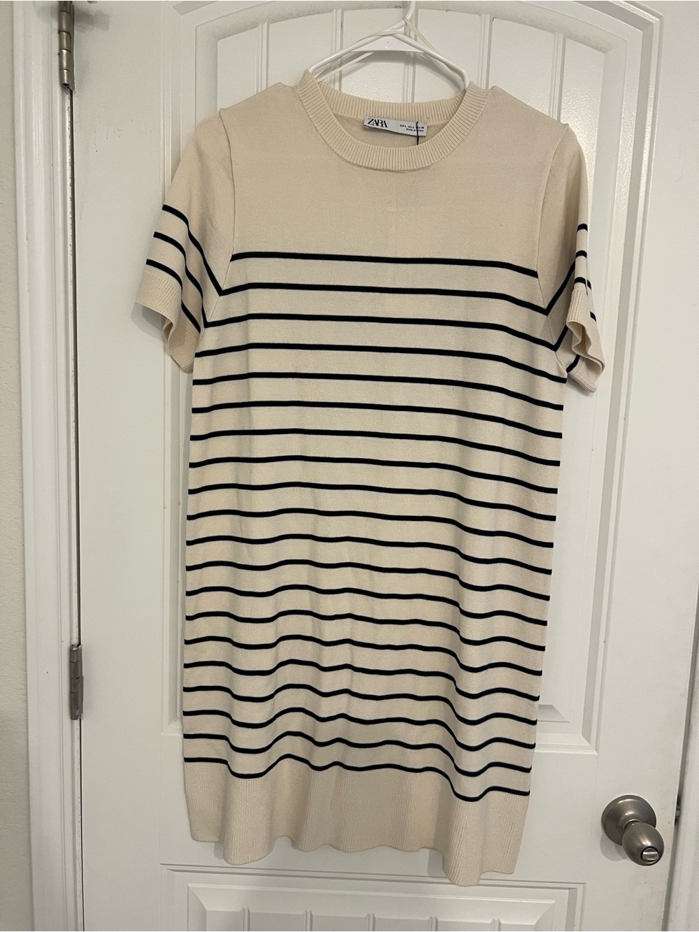 Zara Striped Short-Sleeve Knit Dress - Cream/Black - Picture 2 of 6
